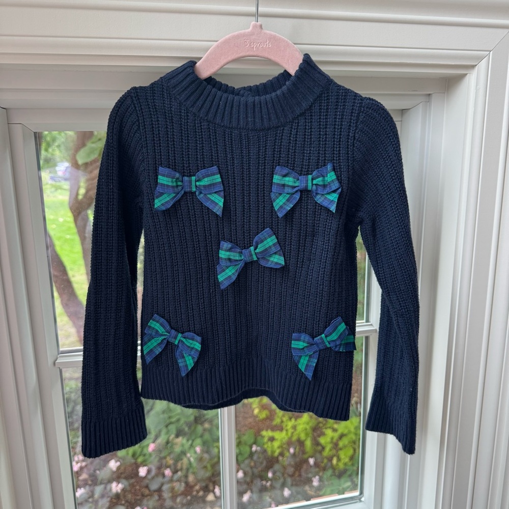Janie & Jack Girls Navy Sweater with Plaid Bows Size 3